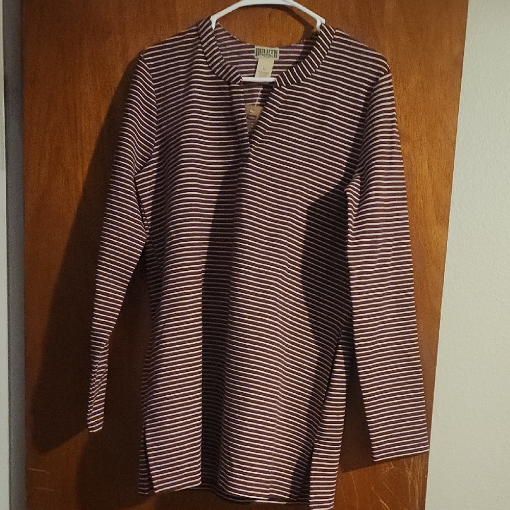 Duluth Trading Burgundy and White Striped Tunic Top